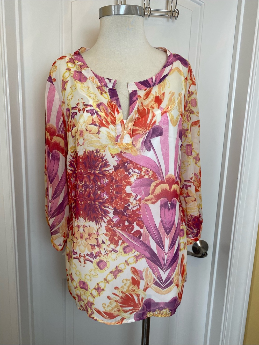 Adiva Floral print Blouse Pink Purple Peach L Sheer Tank 3/4 Sleeve